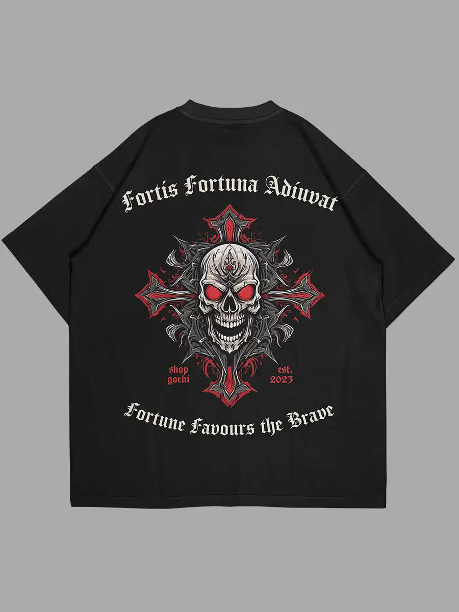 Black Cotton Oversized Tshirt with a quote "Fortis Fortuna Adiuvat  and Fortune favors the Brave" Back
