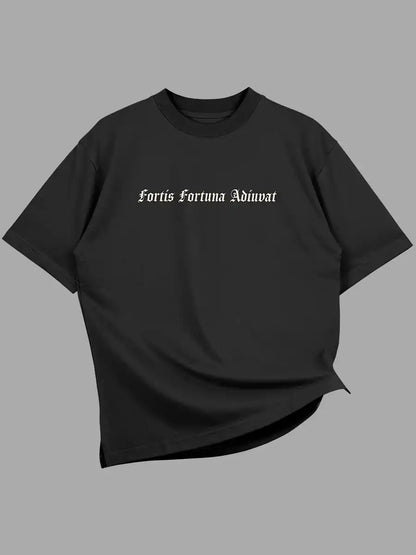 Black Cotton Oversized Tshirt with a quote "Fortis Fortuna Adiuvat  and Fortune favors the Brave" Front