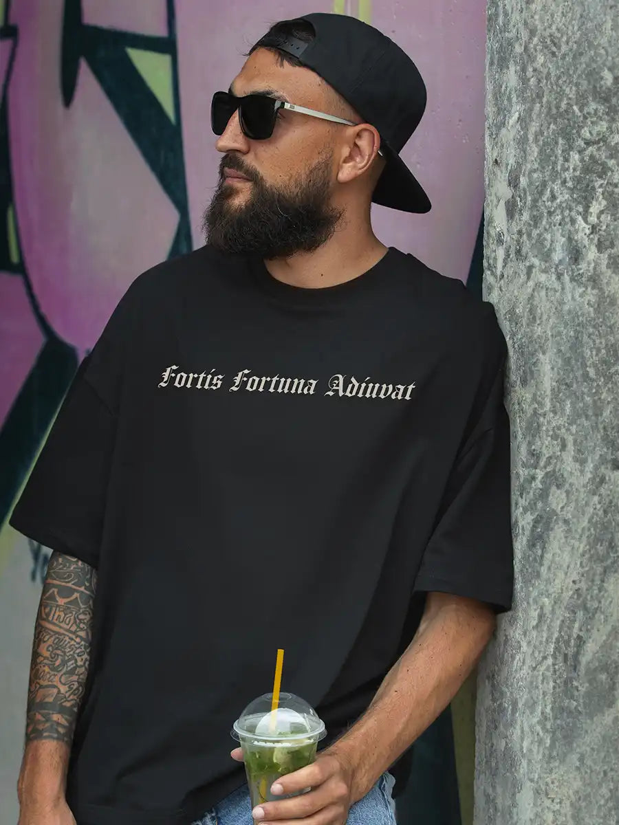 Fortis Fortuna Adiuvat - Black Cotton Oversized Tshirt Bearded man Front
