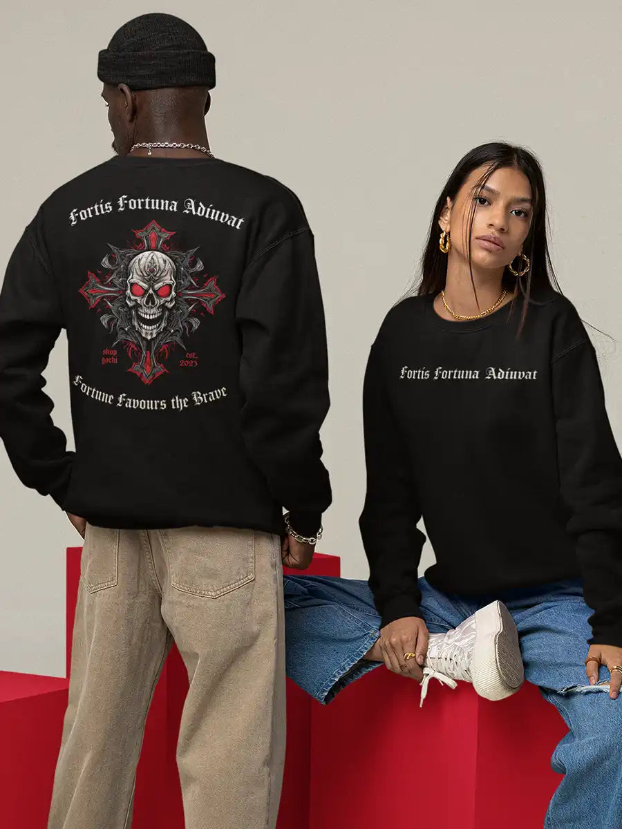 Couple wearing ' Fortis fortuna Adiuvat - Black Sweatshirt'