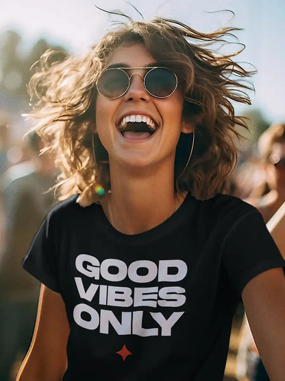 Woman wearing GOOD VIBES ONLY- Women's Black Cotton T-Shirt 
