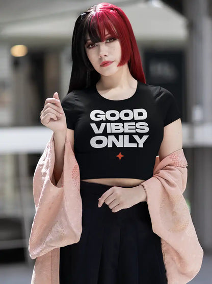 Woman wearing Good Vibes only - Black Cotton Crop top 