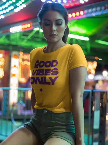Woman wearing Good Vibes only - Golden Yellow Cotton Crop top 