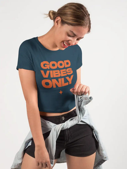Woman wearing Good Vibes only - Navy Blue Cotton Crop top 