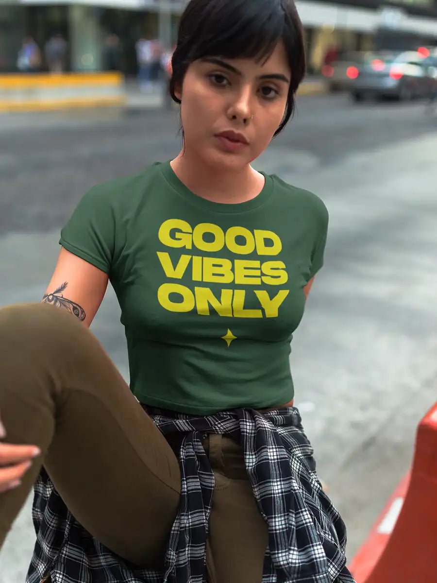 Woman wearing Good Vibes only - Olive Green Cotton Crop top 