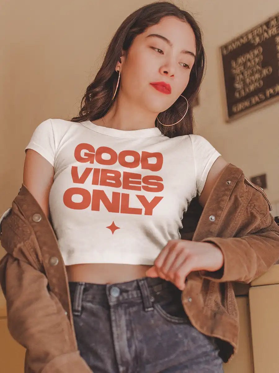 Woman wearing Good Vibes only - White Cotton Crop top 
