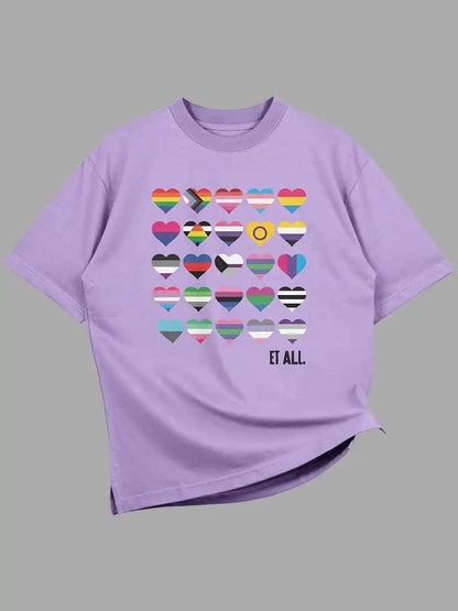Iris Lavender Oversized Cotton Tshirt with 20 Pride flags in the form of hearts
