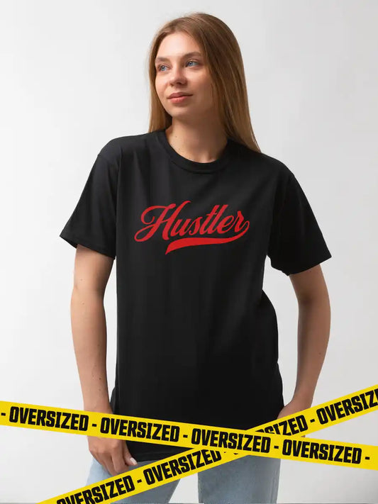 Woman wearing Hustler Black Oversized Cotton T-shirt