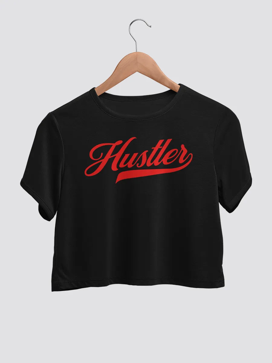 Black cotton crop top with "Hustler " written on it in red