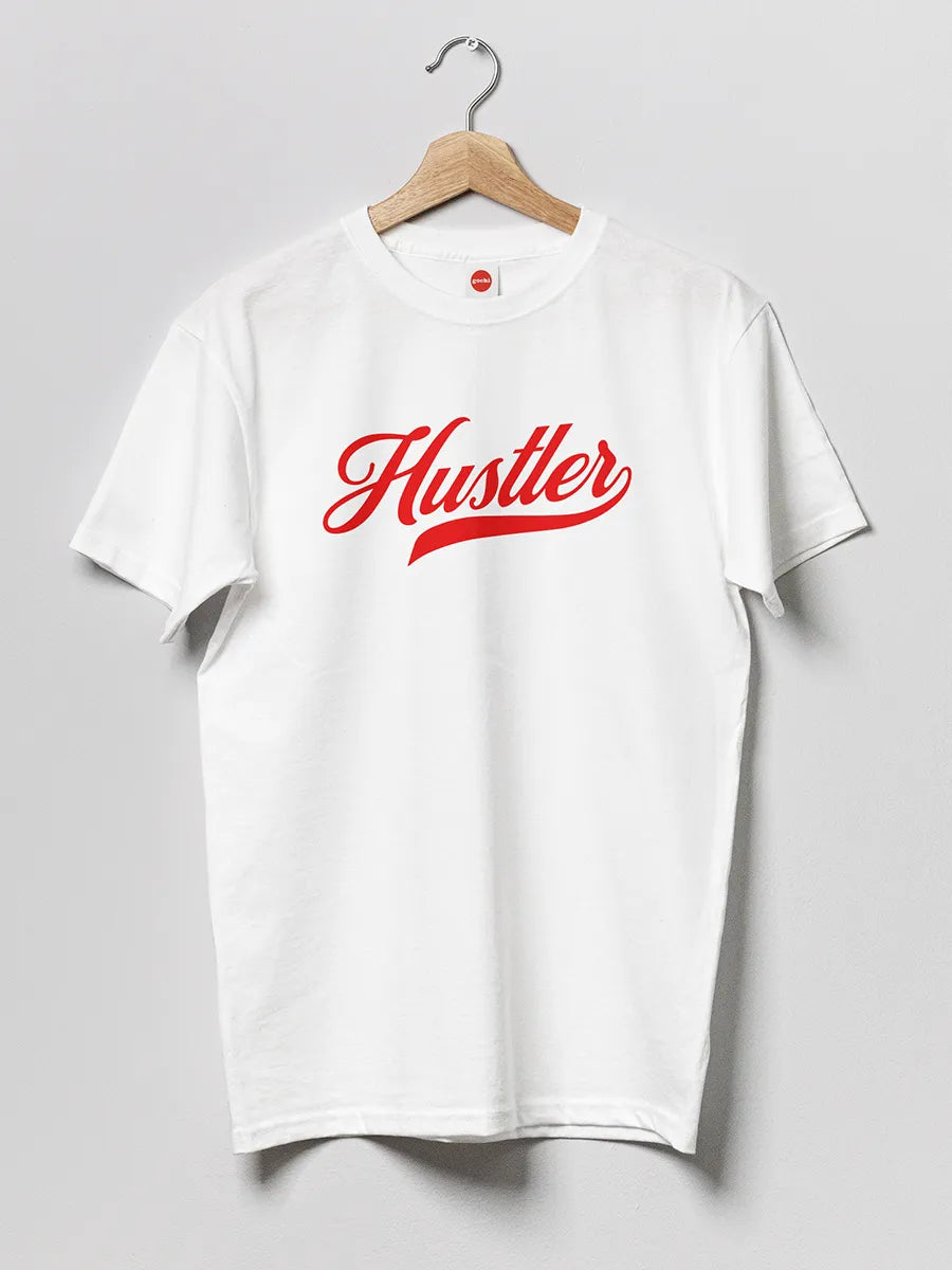White Men's cotton Tshirt with text "Hustler"