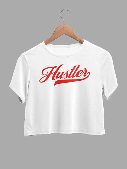 white cotton crop top with "Hustler " written on it in red