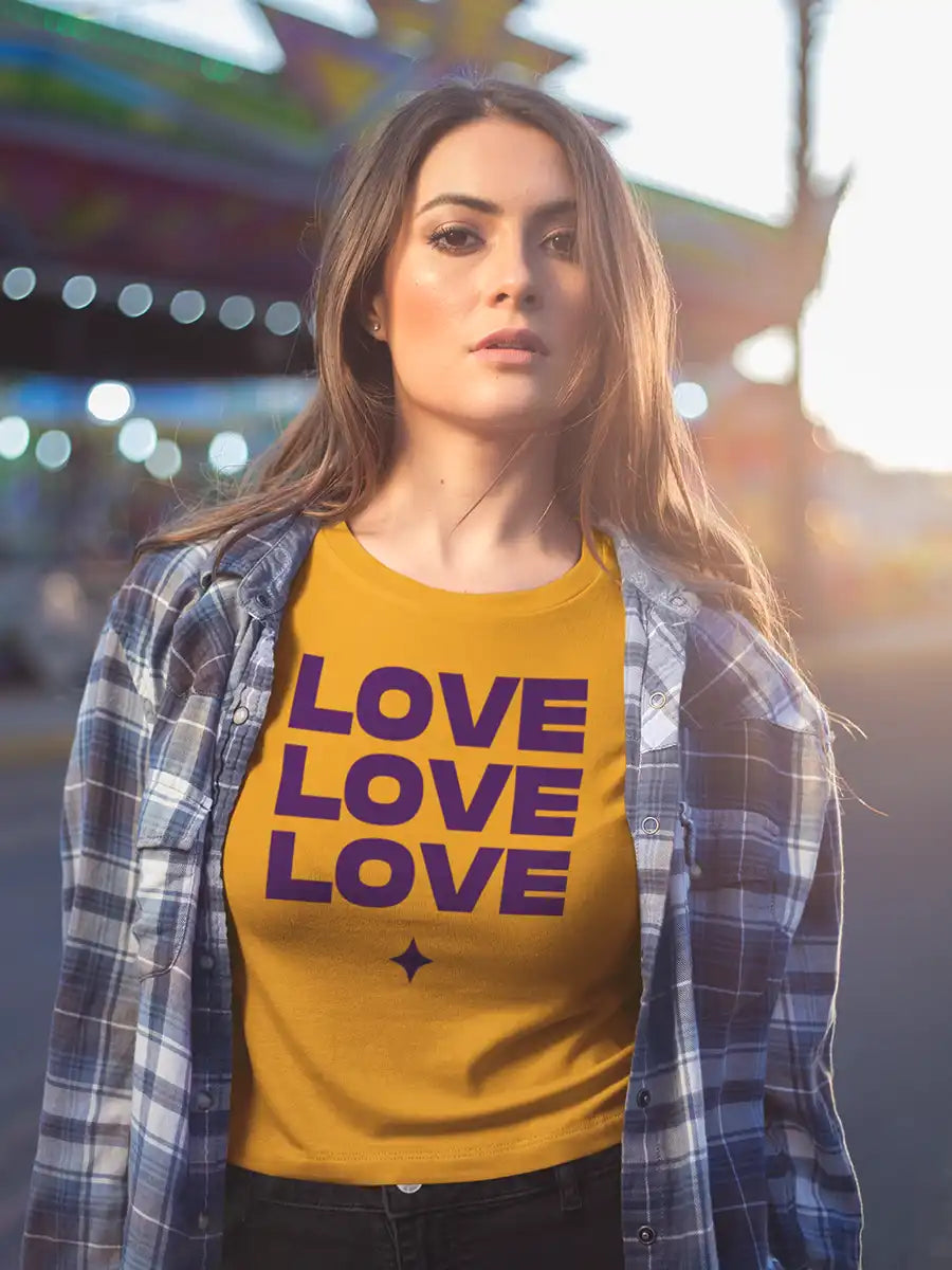 Woman wearing LOVE LOVE LOVE  - Golden Yellow Cotton Crop top