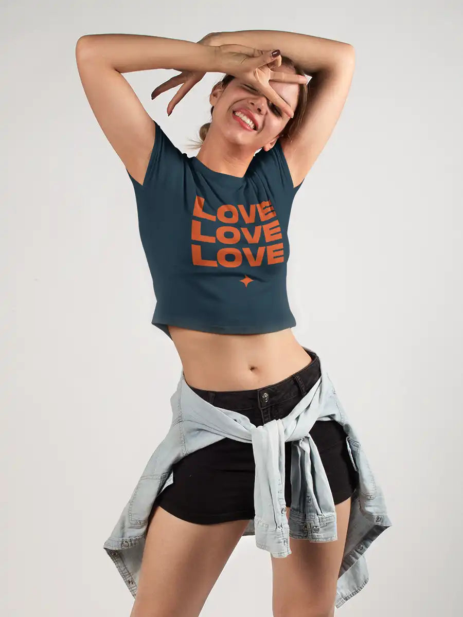 Woman wearing LOVE LOVE LOVE  - Navy Blue Cotton Crop top