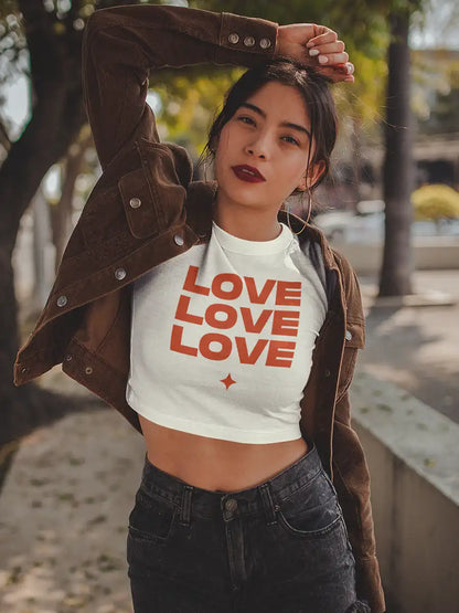 Woman wearing LOVE LOVE LOVE  - White Cotton Crop top