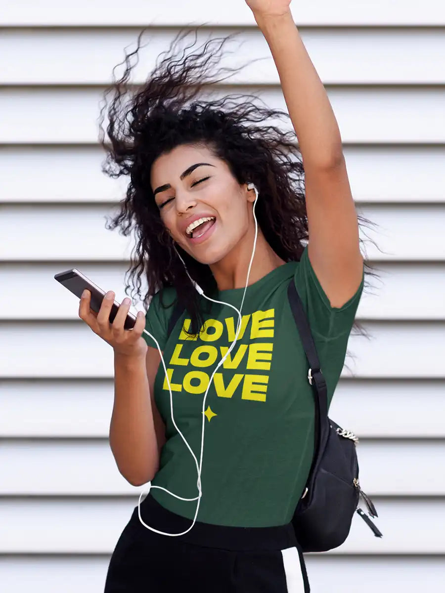 Woman wearing LOVE LOVE LOVE - Women's Olive Green  Cotton T-Shirt