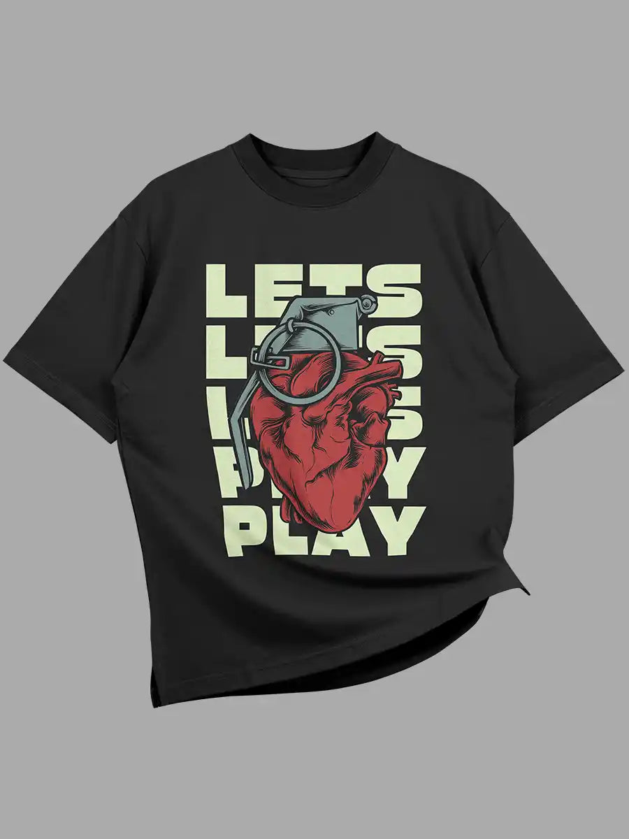Lets play - Black Oversized Cotton T-Shirt