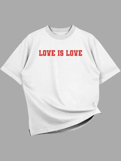  White Oversized Cotton Tshirt with quote "Love is love" in red
