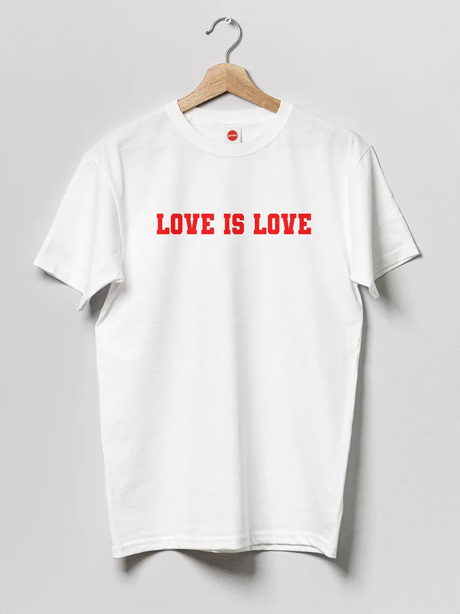 White Men's cotton Tshirt with text "Love is Love"