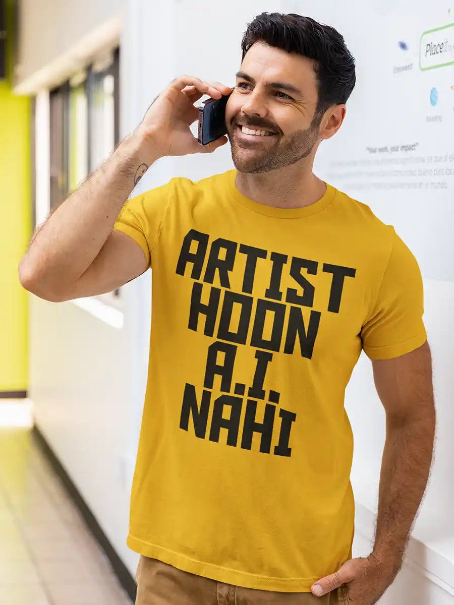 Man wearing Artist Hoon A.I. Nahi - Men's Golden Yellow Cotton T-Shirt