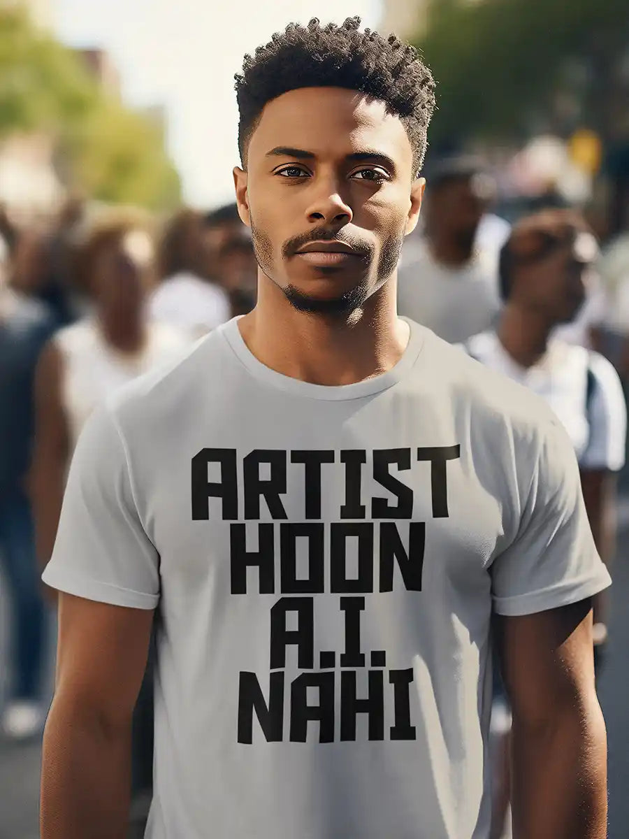 Man wearing Artist Hoon A.I. Nahi - Men's Mélange Grey Cotton T-Shirt