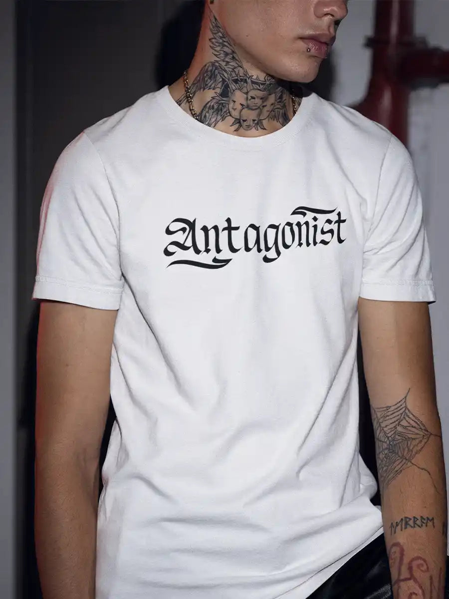 Man wearing Antagonist - Men's White Cotton T-Shirt