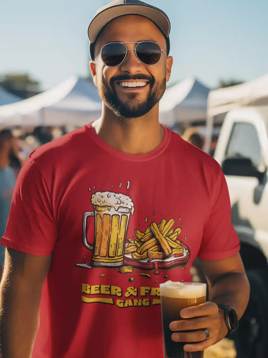 Man wearing Beer & Fries Gang - Men's Red Cotton T-Shirt