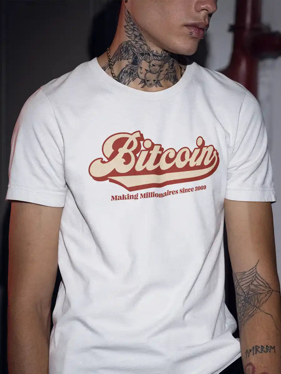 Man wearing Bitcoin - Men's White 
Cotton T-Shirt 