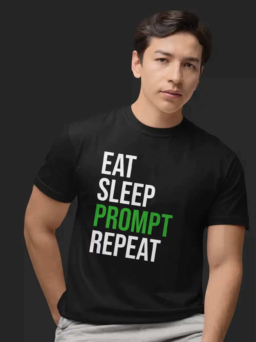 Man wearing Eat Sleep Prompt Repeat - Men's Black Cotton T-Shirt