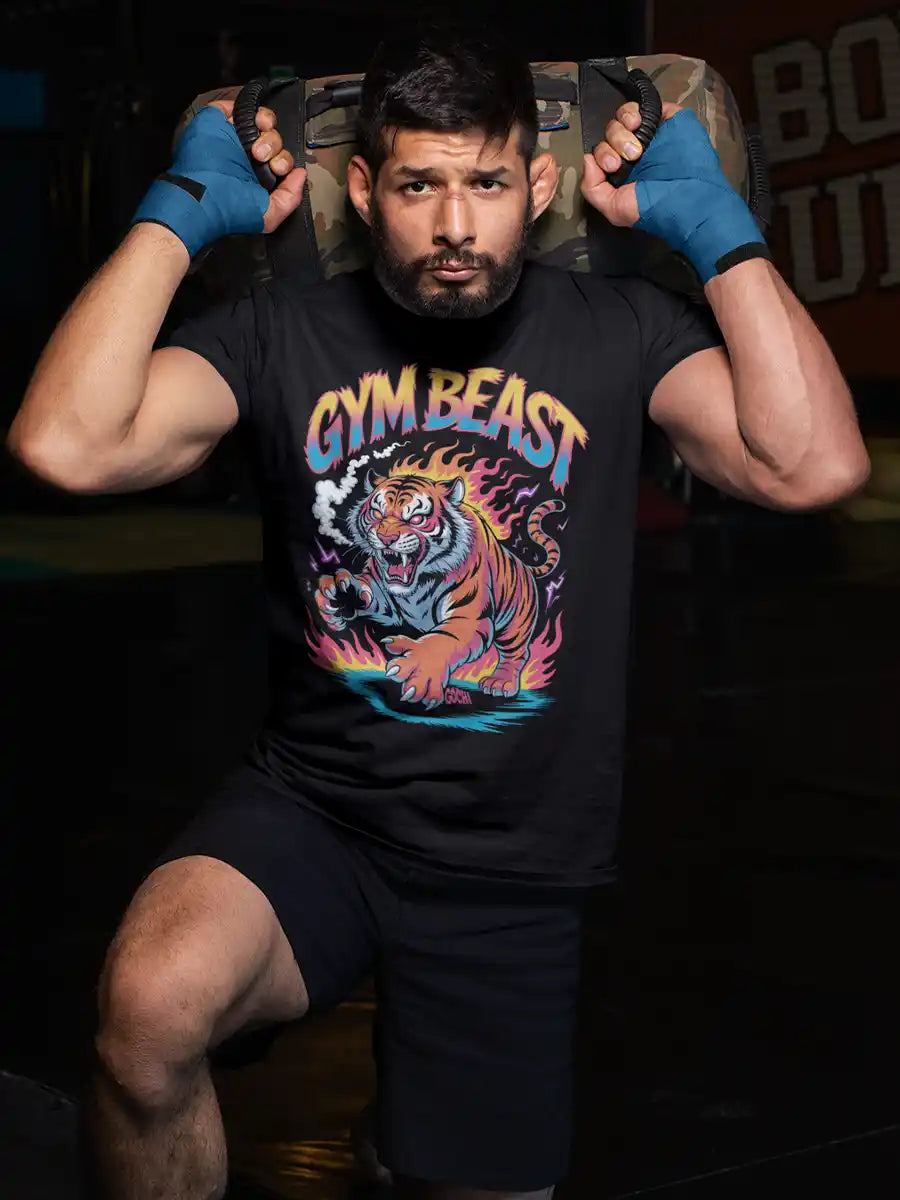 Man wearing Gym Beast - Men's Black Cotton T-Shirt 
