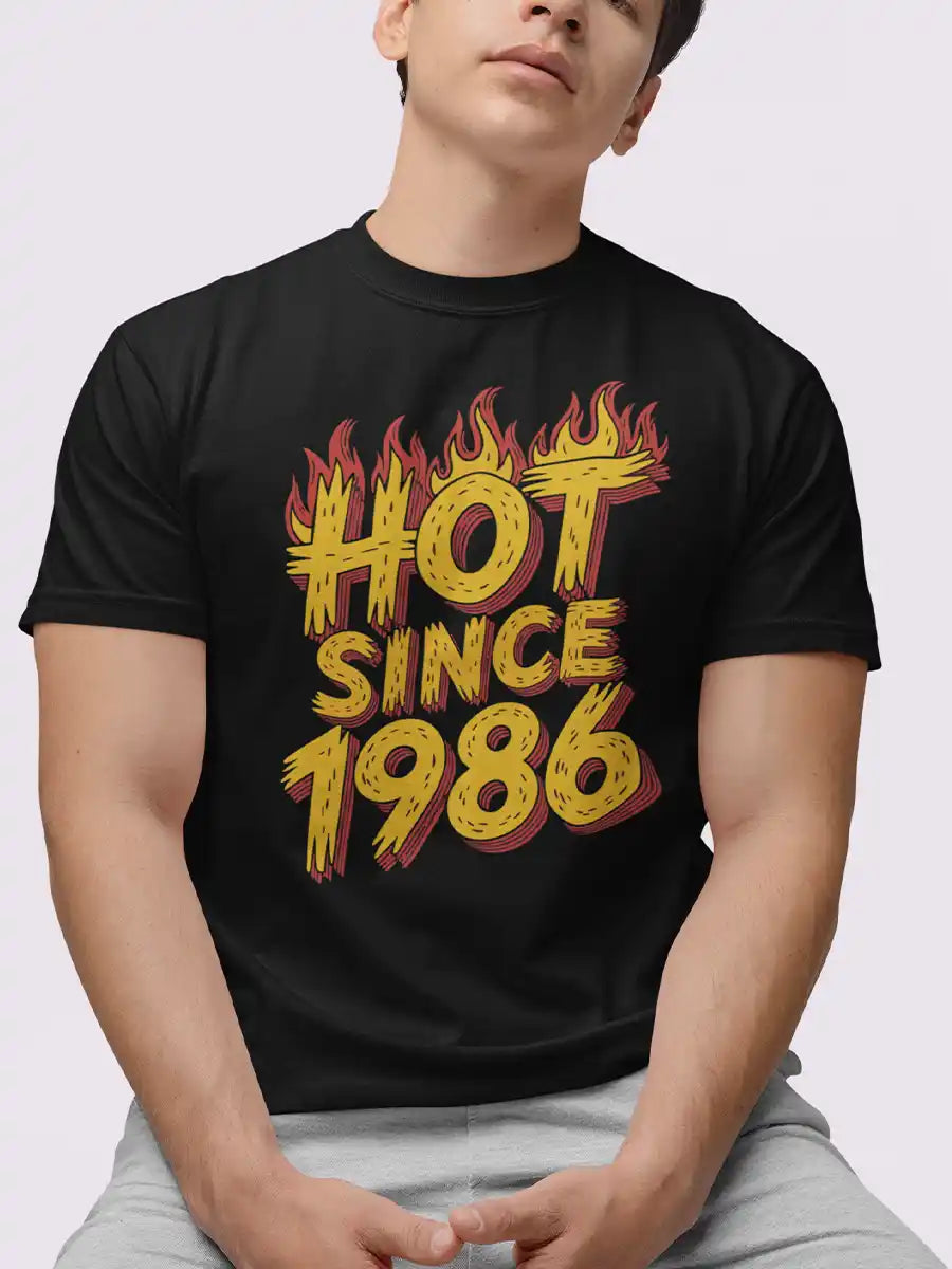 Man wearing Hot since 1986 - Men's Black Cotton T-Shirt