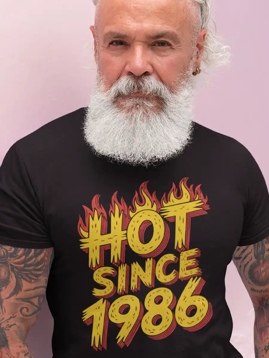 White bearded Man wearing Hot since 1986 - Men's Black Cotton T-Shirt