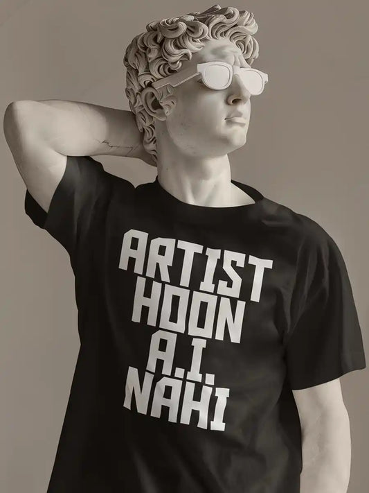 Man wearing Artist Hoon A.I. Nahi - Men's Black Cotton T-Shirt