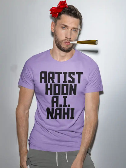 Man wearing Artist Hoon A.I. Nahi - Men's Iris Lavender Cotton T-Shirt