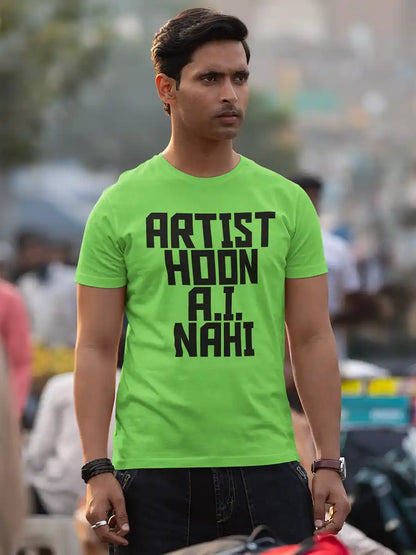 Man wearing Artist Hoon A.I. Nahi - Men's Liril Green Cotton T-Shirt