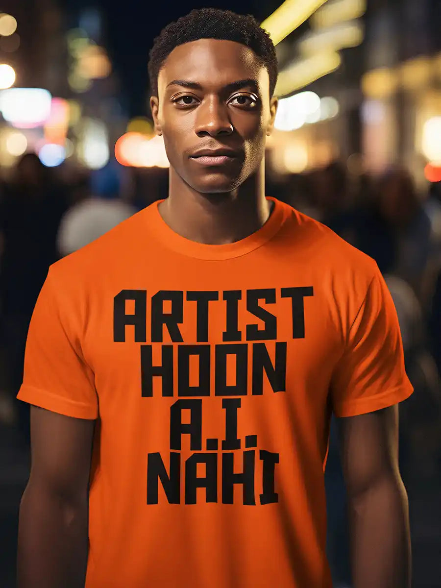 Man wearing Artist Hoon A.I. Nahi - Men's Orange Cotton T-Shirt