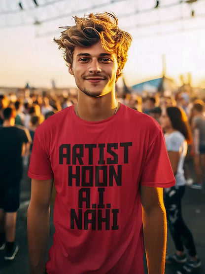 Man wearing Artist Hoon A.I. Nahi - Men's Red Cotton T-Shirt