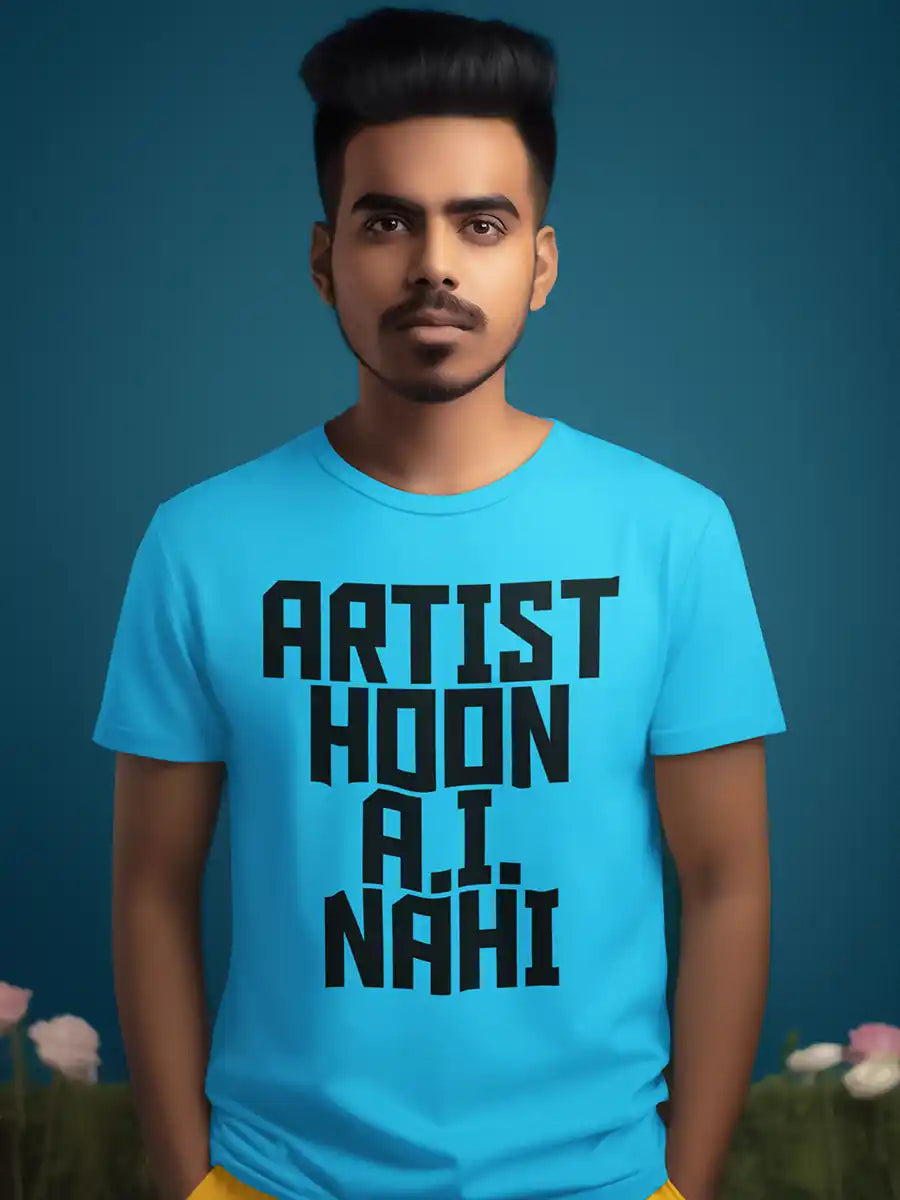 Man wearing Artist Hoon A.I. Nahi - Men's Sky Blue Cotton T-Shirt
