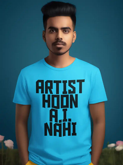Man wearing Artist Hoon A.I. Nahi - Men's Sky Blue Cotton T-Shirt
