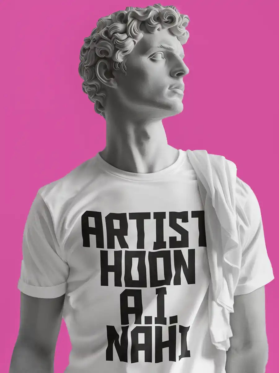 Man wearing Artist Hoon A.I. Nahi - Men's White Cotton T-Shirt