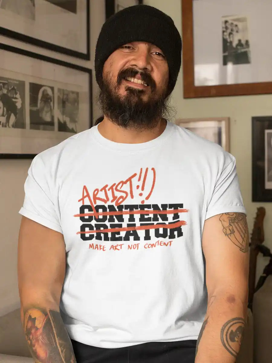 Man wearing Artist, not Content Creator - Men's White Cotton T-Shirt