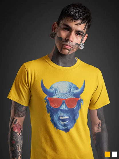 Man wearing Blue Devil - Men's Golden Yellow Cotton T-Shirt