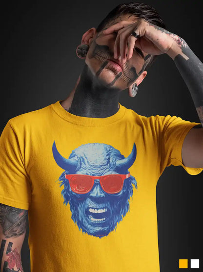 Man wearing Blue Devil - Men's Golden Yellow Cotton T-Shirt