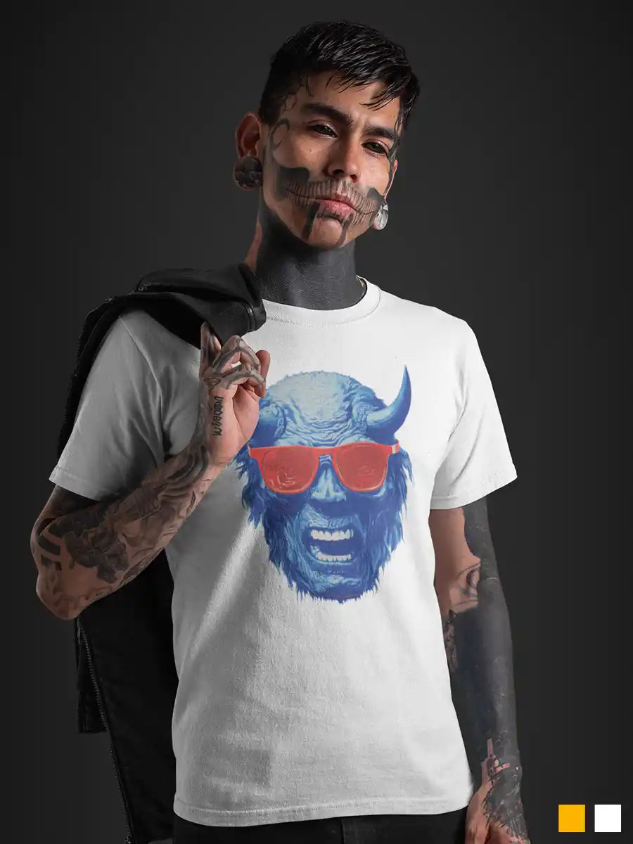 Man wearing Blue Devil - Men's White Cotton T-Shirt