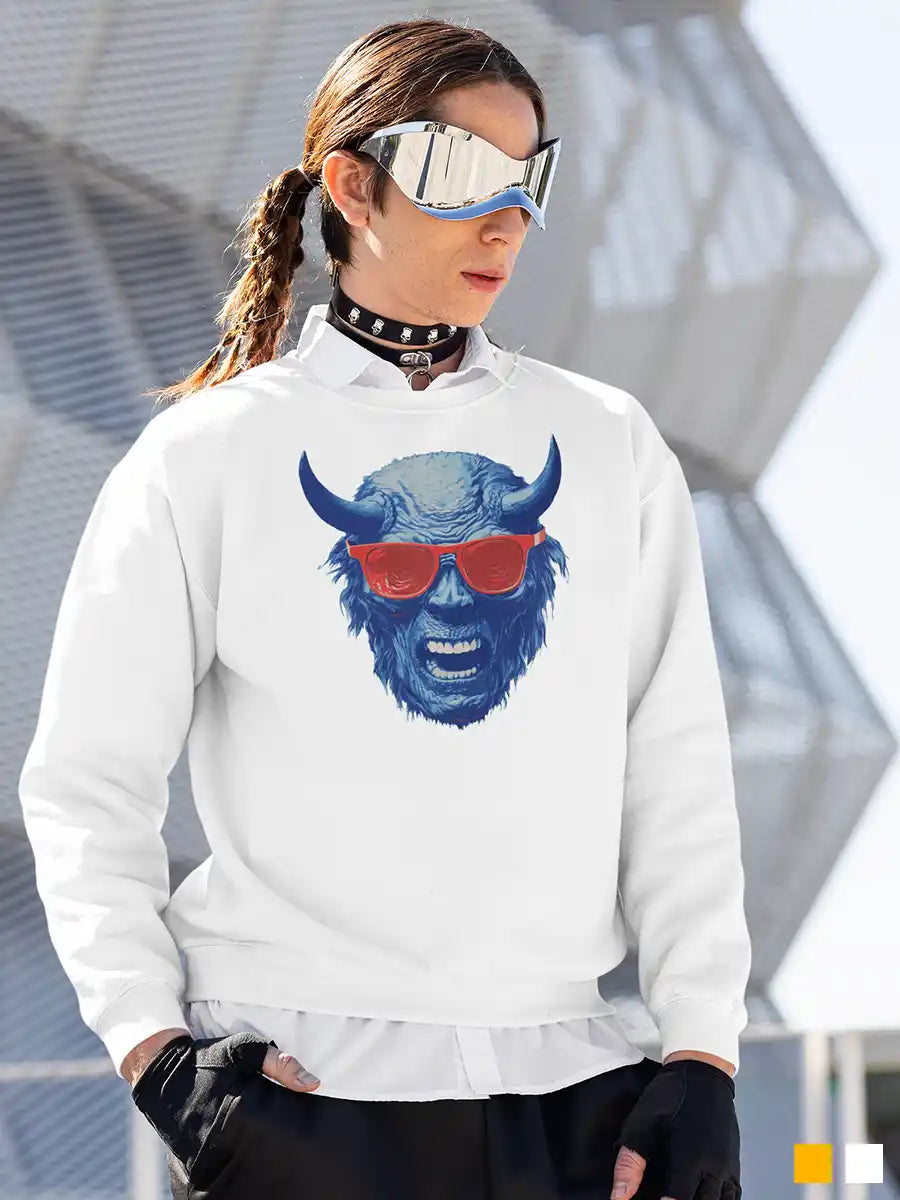 Man wearing Blue Devil - White Cotton Sweatshirt