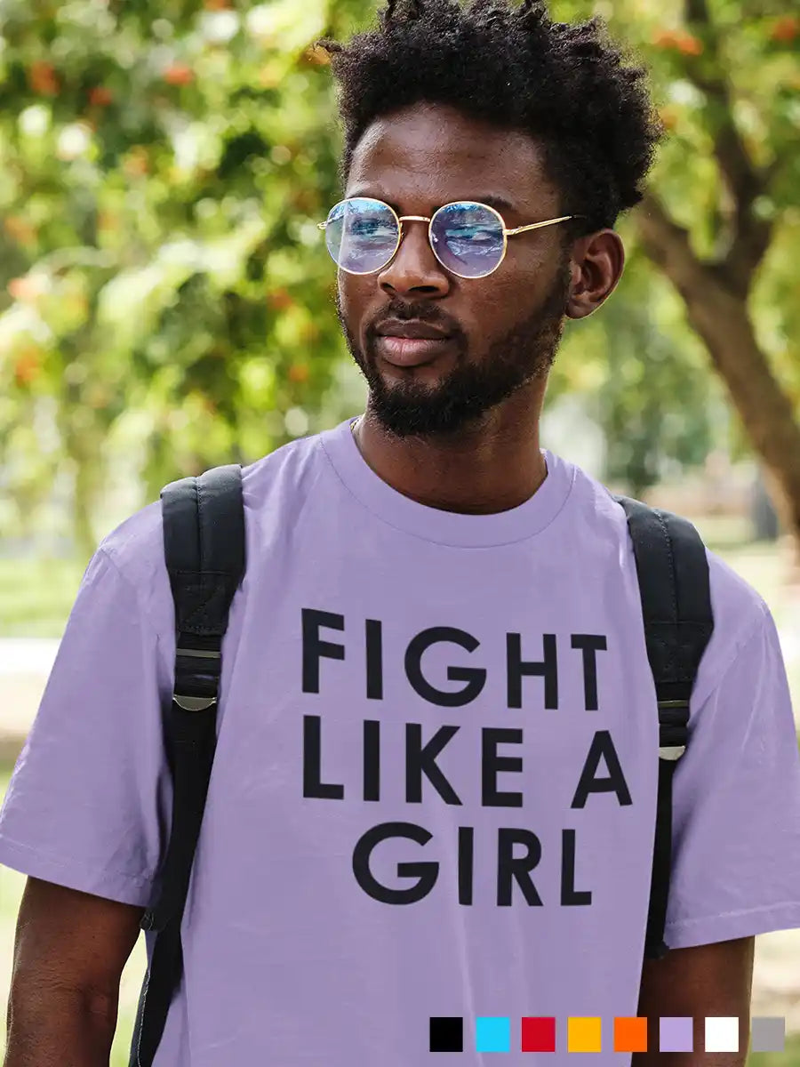 Man wearing Fight like a Girl - Men's Iris Lavender Cotton T-Shirt