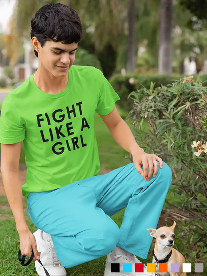Man wearing  Fight like a Girl - Men's Liril Green Cotton T-Shirt