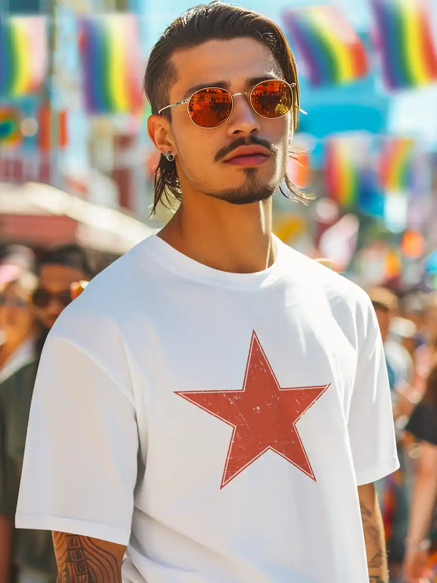 Man wearing Gochi Star - Men's White Cotton T-Shirt