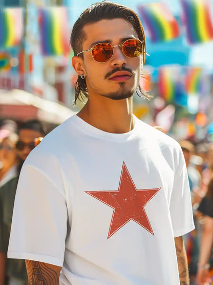 Man wearing Gochi Star - Men's White Cotton T-Shirt