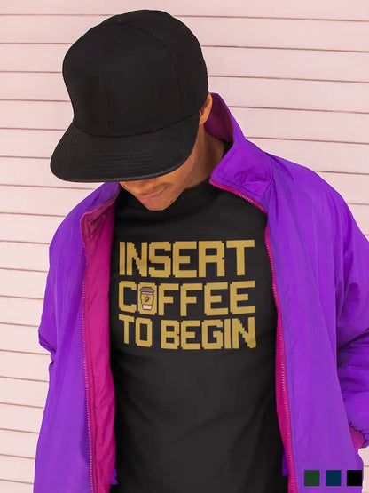 Man wearing Insert Coffee to Begin -  Men's Black Cotton T-Shirt