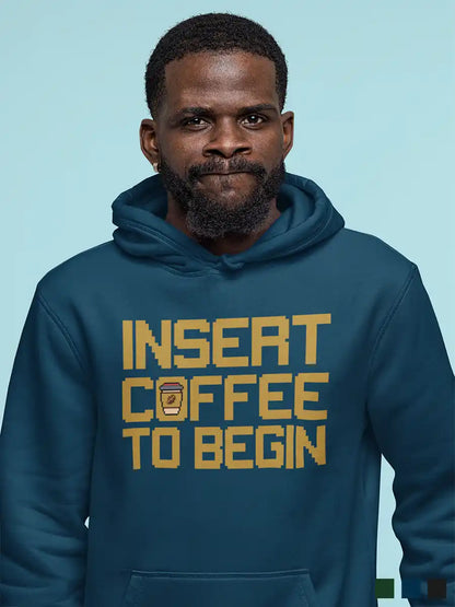 Man wearing Insert Coffee to Begin -  Navy Blue Cotton hoodie 